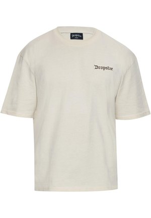 Cream cotton t-shirt with a relaxed fit. Features short sleeves and a small brown "Dropsize" logo embroidered on the left chest.