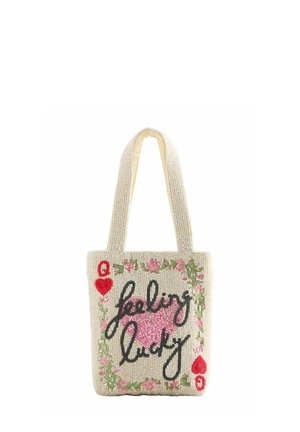Perlenverzierte cremefarbene Tragetasche mit floralem Rand, roten Herzsymbolen und "feeling lucky" in schwarzer Schrift über einem großen rosa Herz.