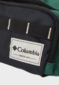 Zatvoren kadar tamnog plavog i zelenog ruba ruksaka s ušivenom oznakom Columbia koja sadrži logo branda i tekst "Od 1938."