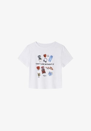Witte katoenen t-shirt met een grafische print van verschillende iconen en de tekst "KAN NIET ZONDER" in een casual lettertype. Korte mouwen, ronde halslijn.