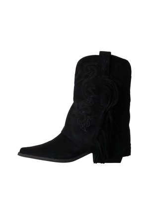 Zwarte suède cowboylaars met spitse neus, geborduurde patronen, hak van gemiddelde hoogte en franjes aan de zijkant.