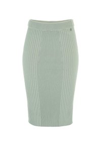 Šviesiai žalia megzta pieštuko sijonas su vertikaliai raibuliuojančia tekstūra, prigludusia siluetu ir elastinga juosta patogumui.