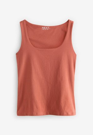 Rust-colored, sleeveless tank top made of soft cotton, featuring a wide scoop neck and a straight hem at the bottom. Simple design.