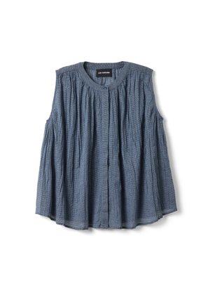 Blusa senza maniche blu-grigio con arricciatura, scollo rotondo e chiusura con un solo bottone, tessuto leggero e strutturato, etichetta del marchio "LES COPAINS" all'interno del colletto.