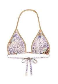 Trokutasti bikini gornji dio s lilavim leopard uzorkom i cvjetnim naglasima, zlatnim obrubom i zatvaranjem na vezanje. Izrađen od laganog materijala.