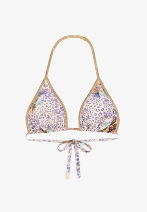 Trojúhelníkový bikini top s fialovým leopardím potiskem a květinovými akcenty, zlatým lemováním a zavazováním na zádech. Vyrobený z lehkého materiálu.