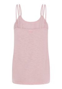 Lyserød ærmeløs top med dobbelte tynde justerbare skulderstropper og lille logo centreret nær toppen foran.