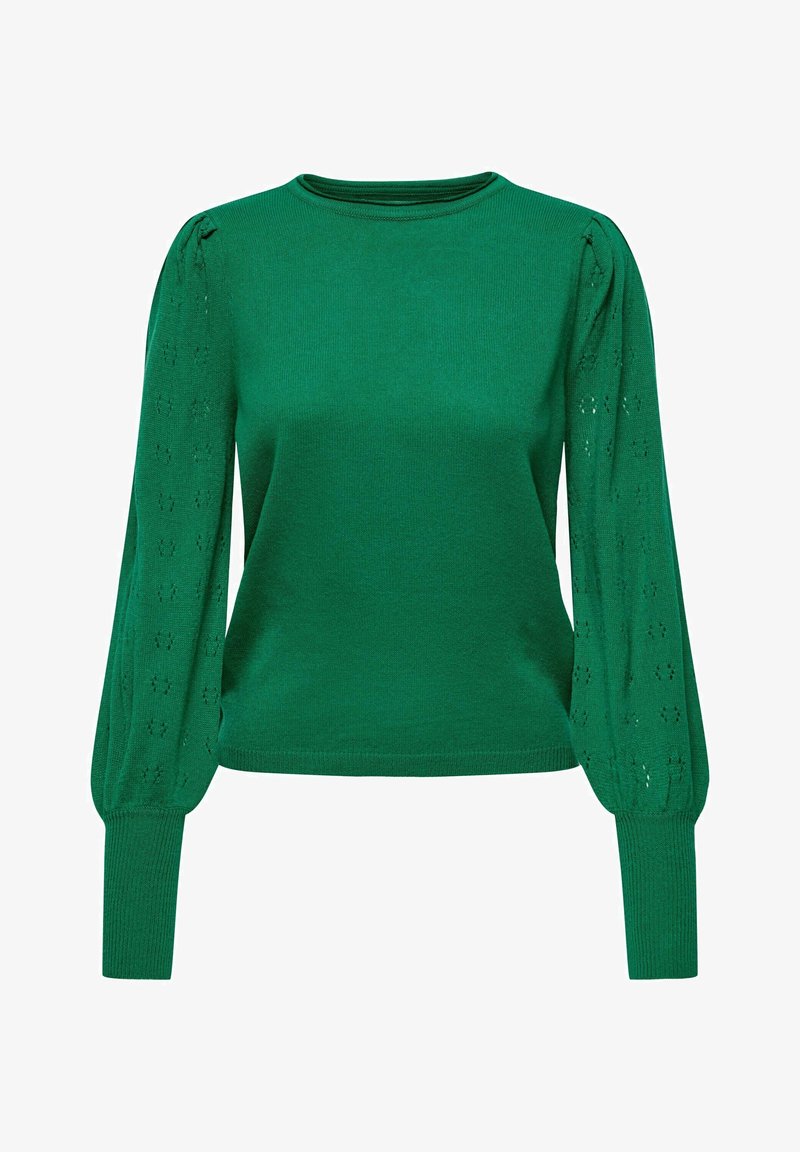 Pull vert en tricot à manches longues avec manches ballon présentant un motif subtil à œillets et des poignets et un ourlet côtelés.