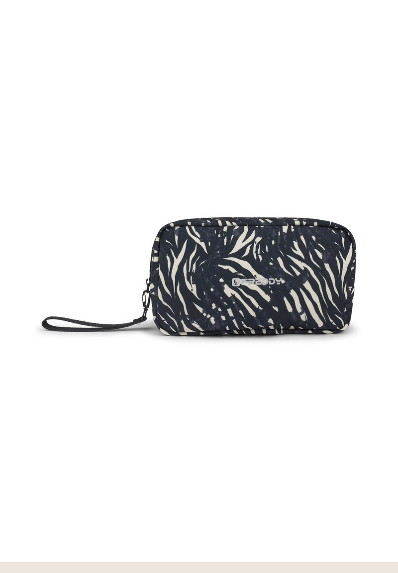 Portafoglio con zip in tessuto blu navy con un motivo astratto beige. Presenta un cinturino da polso e una texture liscia. Forma rettangolare compatta.