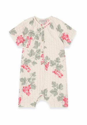 Kortærmet børneromper lavet af tekstureret bomuld, prydet med et drueprint i pink og grøn, med knaplukning foran og shorts.