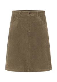 Jupe en velours côtelé khaki avec une silhouette droite, dotée de deux poches avant, d'une fermeture boutonnée et d'une surface texturée à côtes.