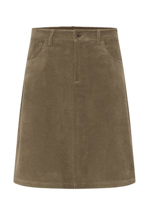 Jupe en velours côtelé khaki avec une silhouette droite, dotée de deux poches avant, d'une fermeture boutonnée et d'une surface texturée à côtes.