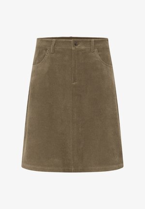 Jupe en velours côtelé khaki avec une silhouette droite, dotée de deux poches avant, d'une fermeture boutonnée et d'une surface texturée à côtes.