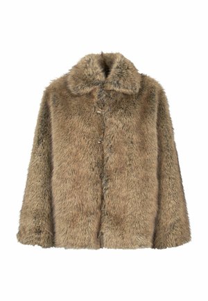 Braune Kunstfelljacke mit einem breiten Kragen, weicher Textur, lockerer Passform und Hornknöpfen auf der Vorderseite.