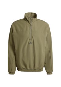 Olivgrüner Pullover-Jacke mit hohem Kragen, halbem Reißverschluss, elastischen Manschetten und Saum. Verfügt über ein gesticktes Logo in der Mitte.
