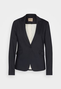 Blazer noir ajusté pour femmes, avec fermeture à un bouton, revers crantés, poches à rabat et doublure intérieure légère à motifs.