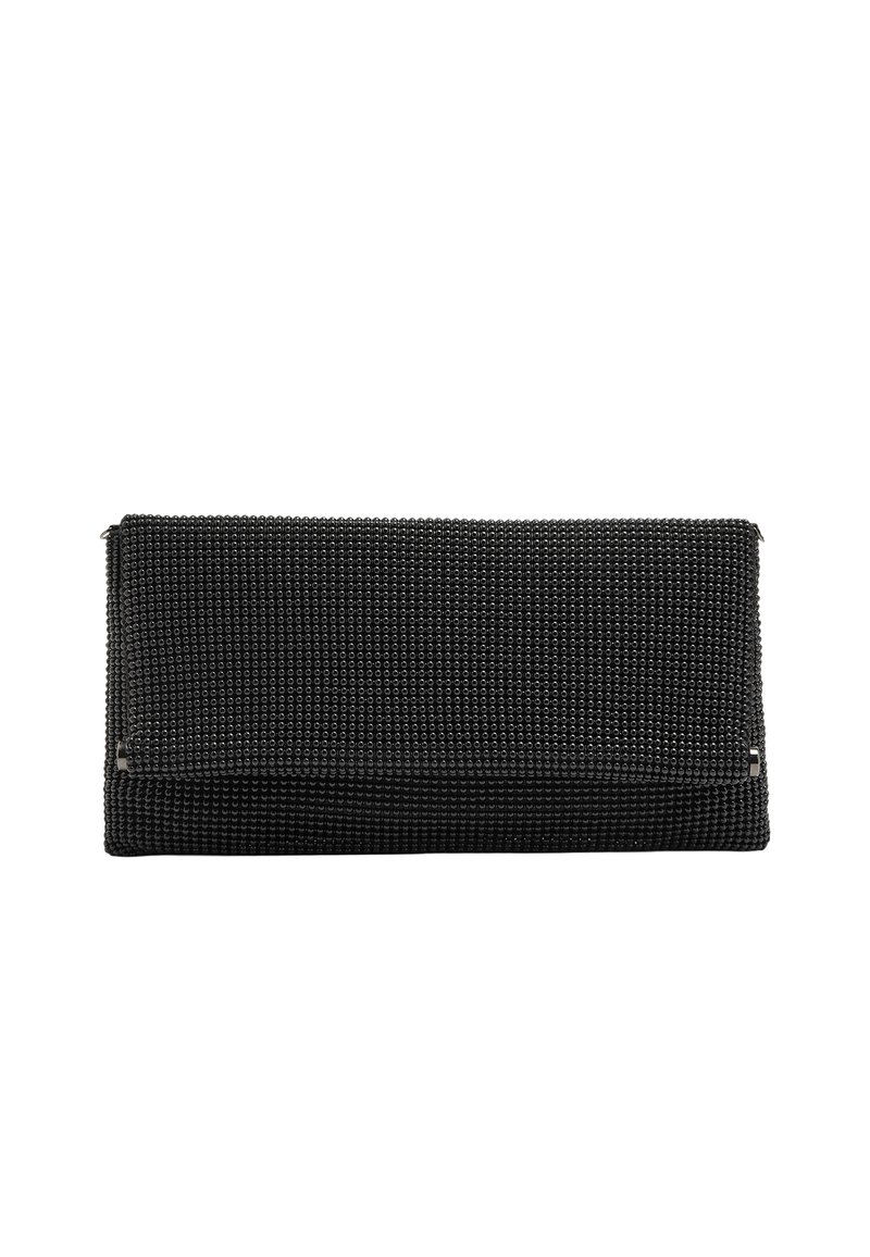 Czarna szydełkowana kopertówka o teksturowanej powierzchni, prostokątnym kształcie i metalowymi akcentami. Posiada zapięcie na klapkę oraz gładkie wykończenie wnętrza.