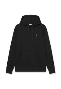 Black hoodie made from cotton, featuring a front pocket, drawstring hood, and a small logo on the upper left side. Smooth texture.