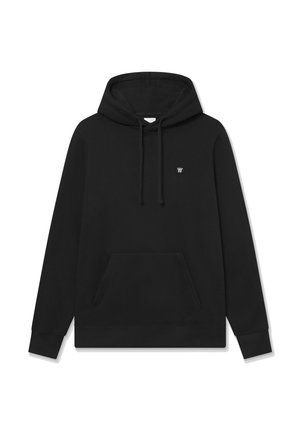Black hoodie made from cotton, featuring a front pocket, drawstring hood, and a small logo on the upper left side. Smooth texture.