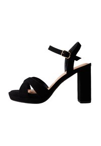 Sandalo nero con tacco alto realizzato in suede, con un tacco spesso a blocco, fasce incrociate nella parte anteriore e una cinghia alla caviglia regolabile con fibbia.