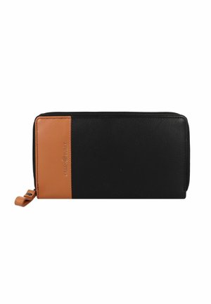 Portefeuille en cuir noir avec une touche de cuir marron, de forme rectangulaire, fermeture éclair et surface texturée. Présente un logo embossé sur la section marron.