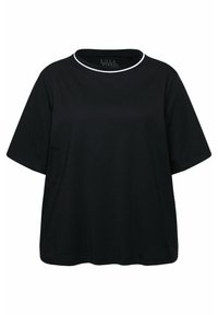 Zwarte t-shirt met korte mouwen van zachte katoen, voorzien van een ronde hals met een witte accentrand. Losse pasvorm met een gladde textuur.
