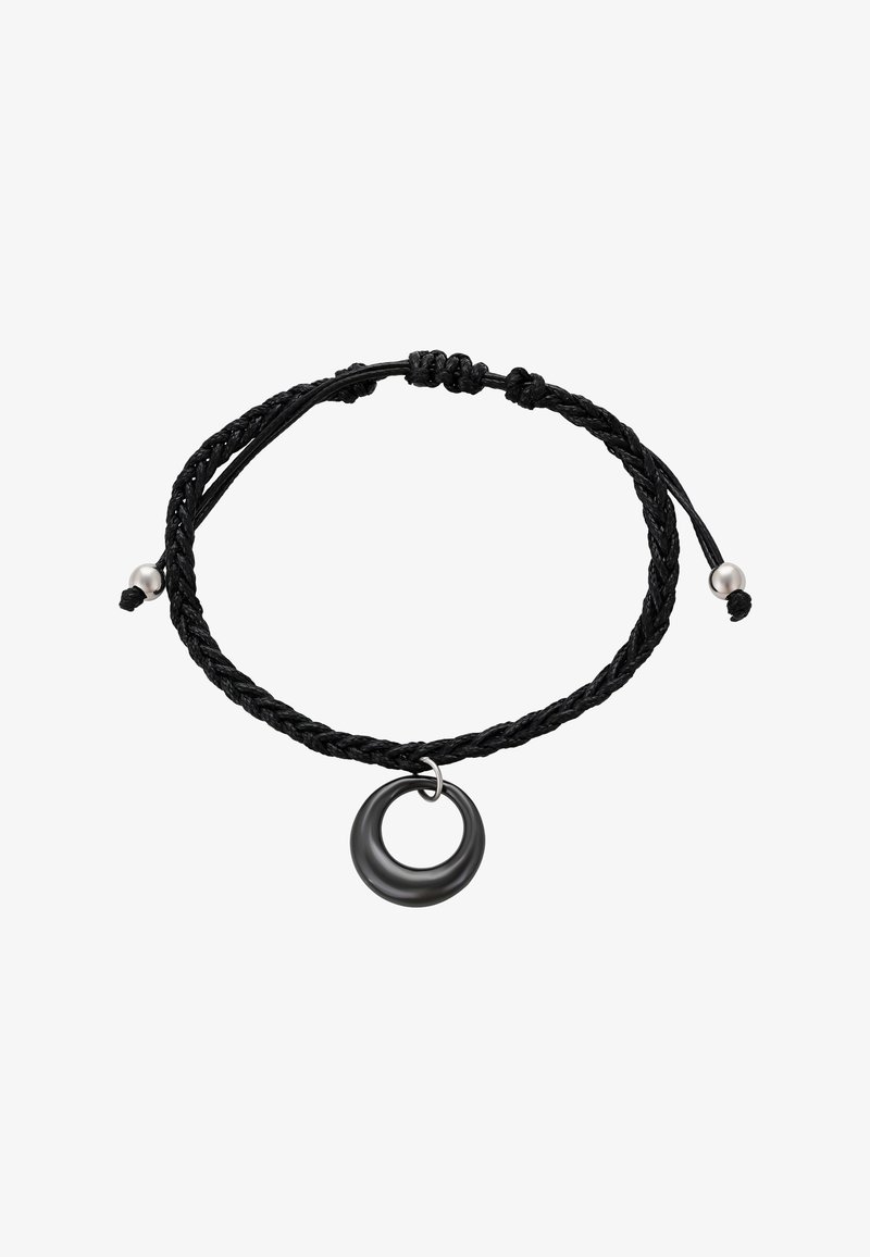 Schwarzes geflochtenes Armband mit einem runden schwarzen Metall-Anhänger, ausgestattet mit verstellbaren Kordelenden und silbernen Perlen.