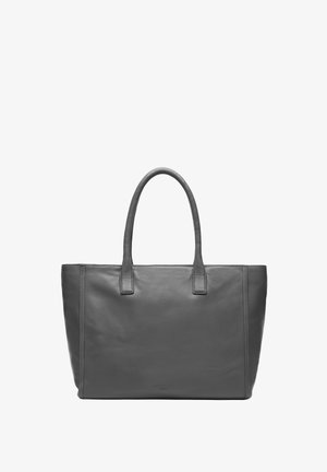 Graue Ledertragetasche mit abgerundeten Griffen, einfachem Design, glatter Textur und subtilen Stichdetails an den Nähten.