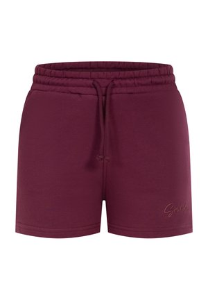 Burgundowe bawełniane szorty sportowe z elastycznym pasek, sznurkiem i małym logo na dolnym końcu. Gładka faktura i dopasowany krój.
