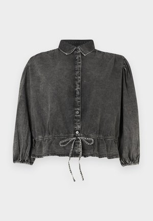 Chemise en denim noir avec une fermeture boutonnée sur le devant, des manches bouffantes plissées et un cordon de serrage ajustable à la taille. Présente des surpiqûres contrastantes et un col.