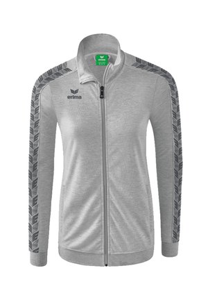 Giacca grigia con zip, maniche lunghe, tessuto testurizzato, strisce a fantasia grigio scuro contrastanti sulle spalle e piccolo logo sul petto.