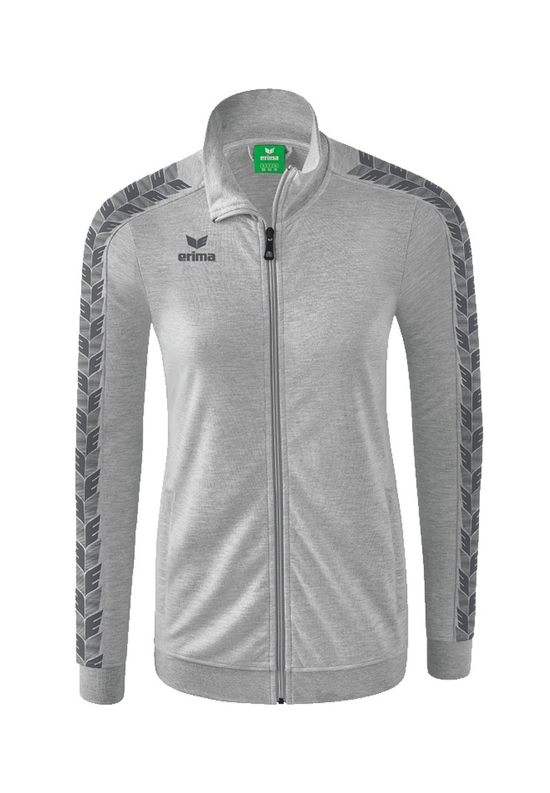 Giacca grigia con zip, maniche lunghe, tessuto testurizzato, strisce a fantasia grigio scuro contrastanti sulle spalle e piccolo logo sul petto.