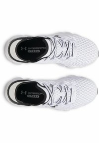 White athletic shoes with a mesh upper, round toe, and black accents. Features laces and a cushioned interior for comfort.