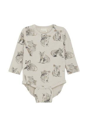 Langdurige bodysuit met lange mouwen in lichtbeige katoen, voorzien van een herhalend patroon van koala's in gedempte tinten. Drukknoopsluiting aan de onderkant voor gemakkelijk aan- en uittrekken.