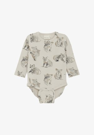 Langärmliger Bodysuit aus leichtem beigen Baumwollstoff mit einem sich wiederholenden Muster von Koalas in sanften Farbtönen. Mit Druckknopfverschluss am Boden für ein einfaches Ankleiden.