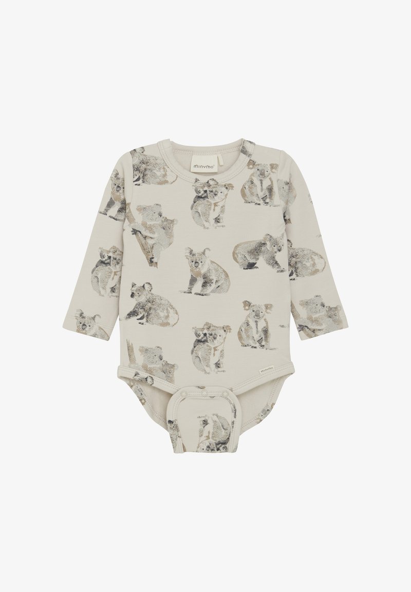 Langärmliger Bodysuit aus leichtem beigen Baumwollstoff mit einem sich wiederholenden Muster von Koalas in sanften Farbtönen. Mit Druckknopfverschluss am Boden für ein einfaches Ankleiden.
