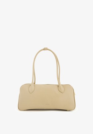 Beige leather handbag with a smooth texture, rectangular shape, and two long handles. Features minimal branding on the front.