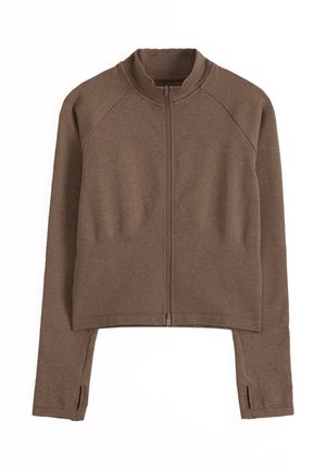 Braune langärmelige Jacke mit Reißverschluss, Stehkragen und Daumenlöchern an den Ärmelbündchen, flach auf weißem Hintergrund ausgelegt.