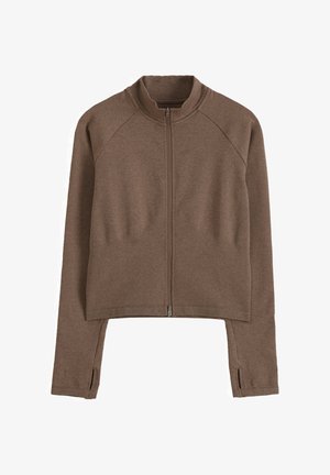 Braune langärmelige Jacke mit Reißverschluss, Stehkragen und Daumenlöchern an den Ärmelbündchen, flach auf weißem Hintergrund ausgelegt.