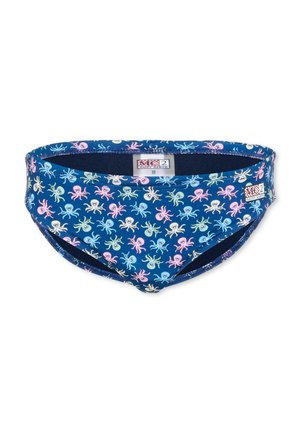 Slip da bikini blu con motivi multicolori a tema polpo ed etichette in vita su sfondo bianco.