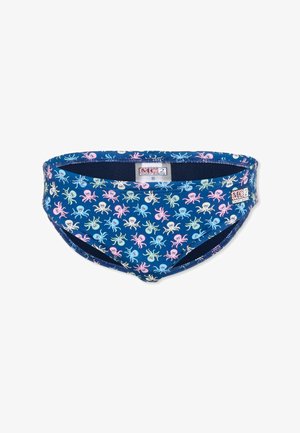 Slip da bikini blu con motivi multicolori a tema polpo ed etichette in vita su sfondo bianco.