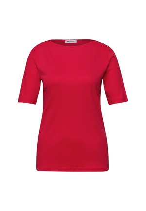 Top rosso da donna a maniche corte con scollo ampio e bottoni decorativi sulle spalle, design semplice, vestibilità dritta.