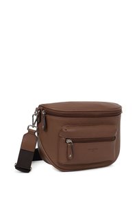 Borsa a tracolla in pelle marrone con forma rotonda, apertura con zip superiore e tasca frontale; presenta una tracolla regolabile e dettagli in hardware argentato.