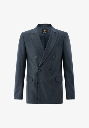 Dunkelgrauer, zweireihiger Herrenblazer mit Spitzenrevers, sechs Knöpfen, zwei vorderen Pattentaschen und einer Brustleistentasche.