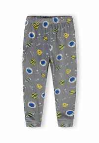 Pantaloni de pijama gri cu o textură moale, prezentând un model jucăuș de planete, stele și forme în tonuri de albastru, galben și alb. Talie elastică.
