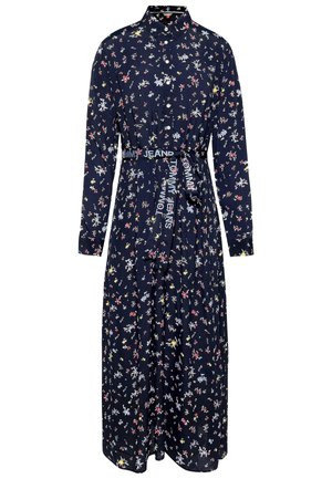 Granatowa sukienka w kwiaty z długimi rękawami, z zapięciem na guziki i wiązaniem w talii, zdobiona wielokolorowymi drobnymi kwiatami oraz markowym paskiem.