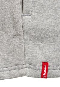 Grijze katoenen hoodie met een zachte textuur, voorzien van een rode merketiket aan de zoom en een gebreid manchetontwerp. Eenvoudige, casual stijl.