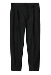 Zwarte op maat gemaakte broek met een gladde textuur, voorzien van zijzakken, een recht gesneden ontwerp en een tailleband voor een verzorgde uitstraling.