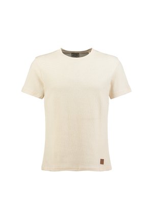 Short-sleeve beige textured cotton T-shirt with round neck and small brown logo tag near hem against white background.