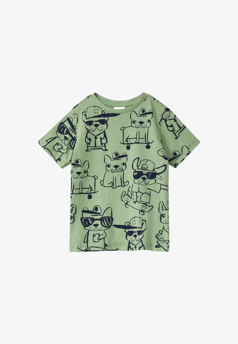 Hellgrünes Kindershirt mit schwarzen Cartoon-Hunden, die Hüte, Sonnenbrillen und Skateboards tragen und verschiedene spielerische Posen einnehmen.